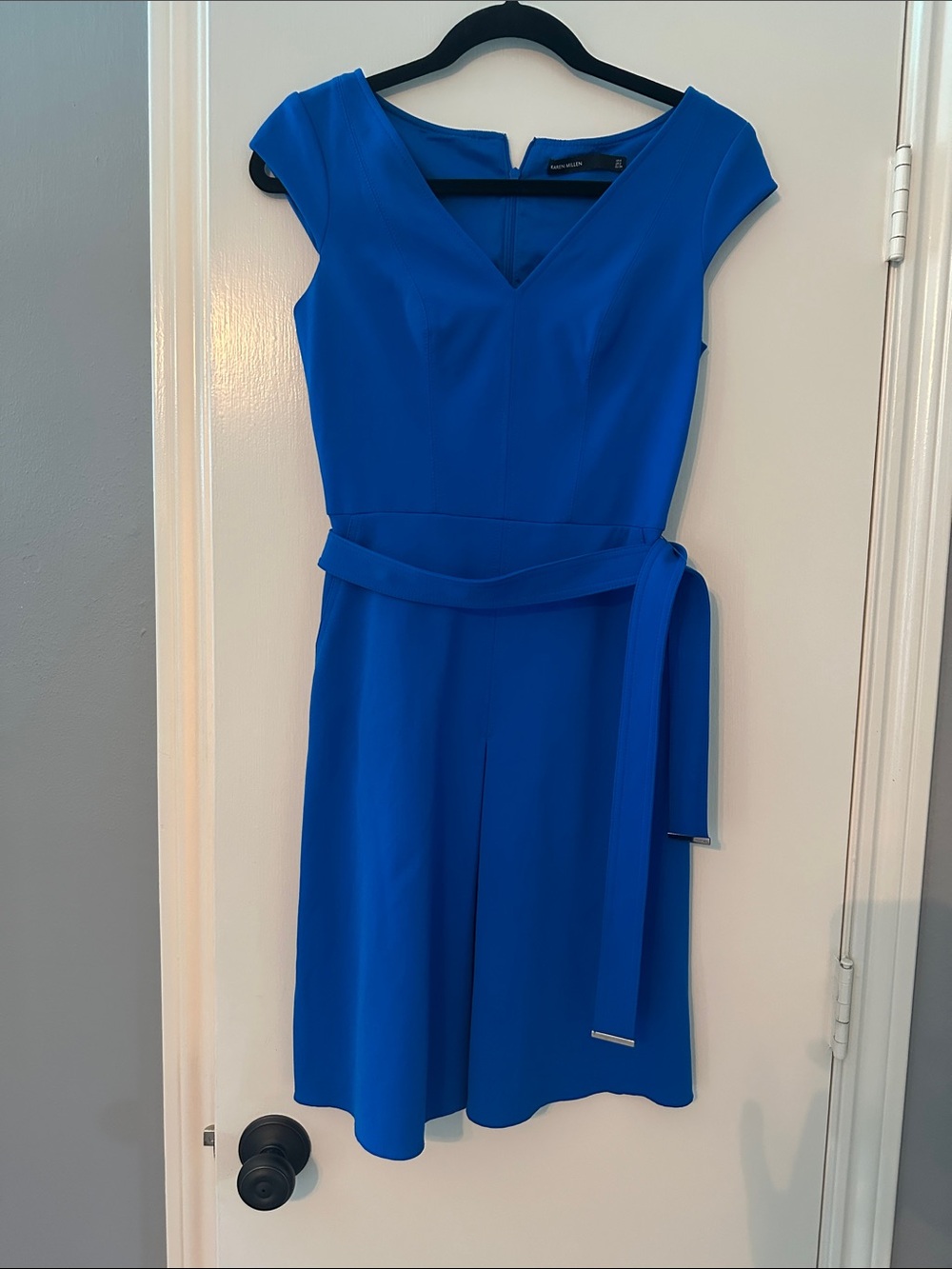 Karen Millen Royal Blue V-Neck Cap-Sleeve Midi Dress with Belt